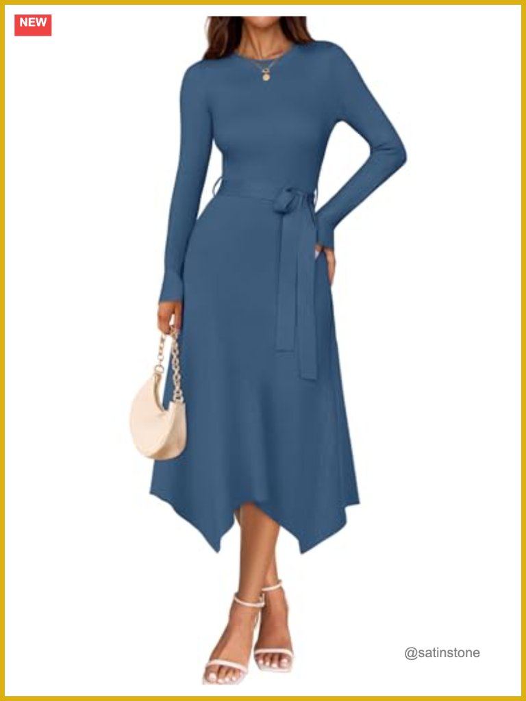 Long Sleeve Sweater Dress | Crewneck Ribbed Knit Midi Dress With Belt
